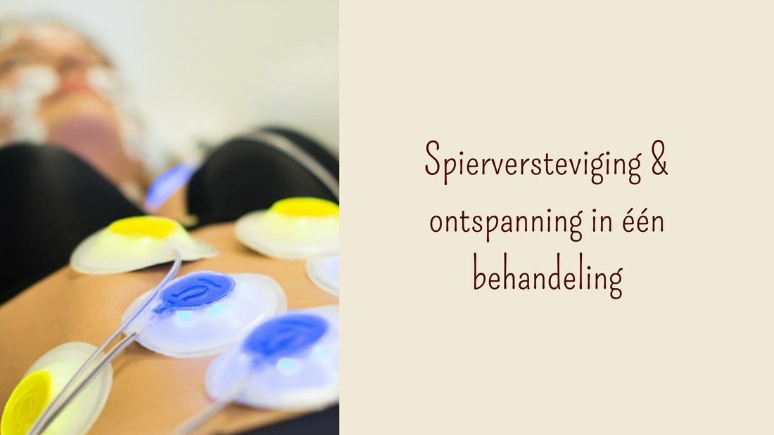 Spierversteviging en ontspanning in één behandeling bij Divine Body. Vrouw ligt ontspannen met de dreamshaper pads op de buik. 