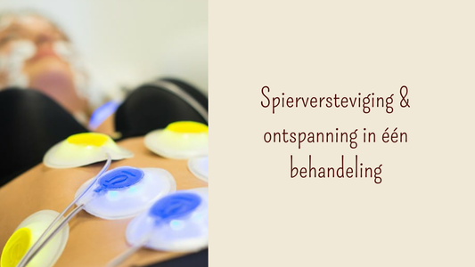 Spierversteviging en ontspanning in één behandeling bij Divine Body. Vrouw ligt ontspannen met de dreamshaper pads op de buik. 